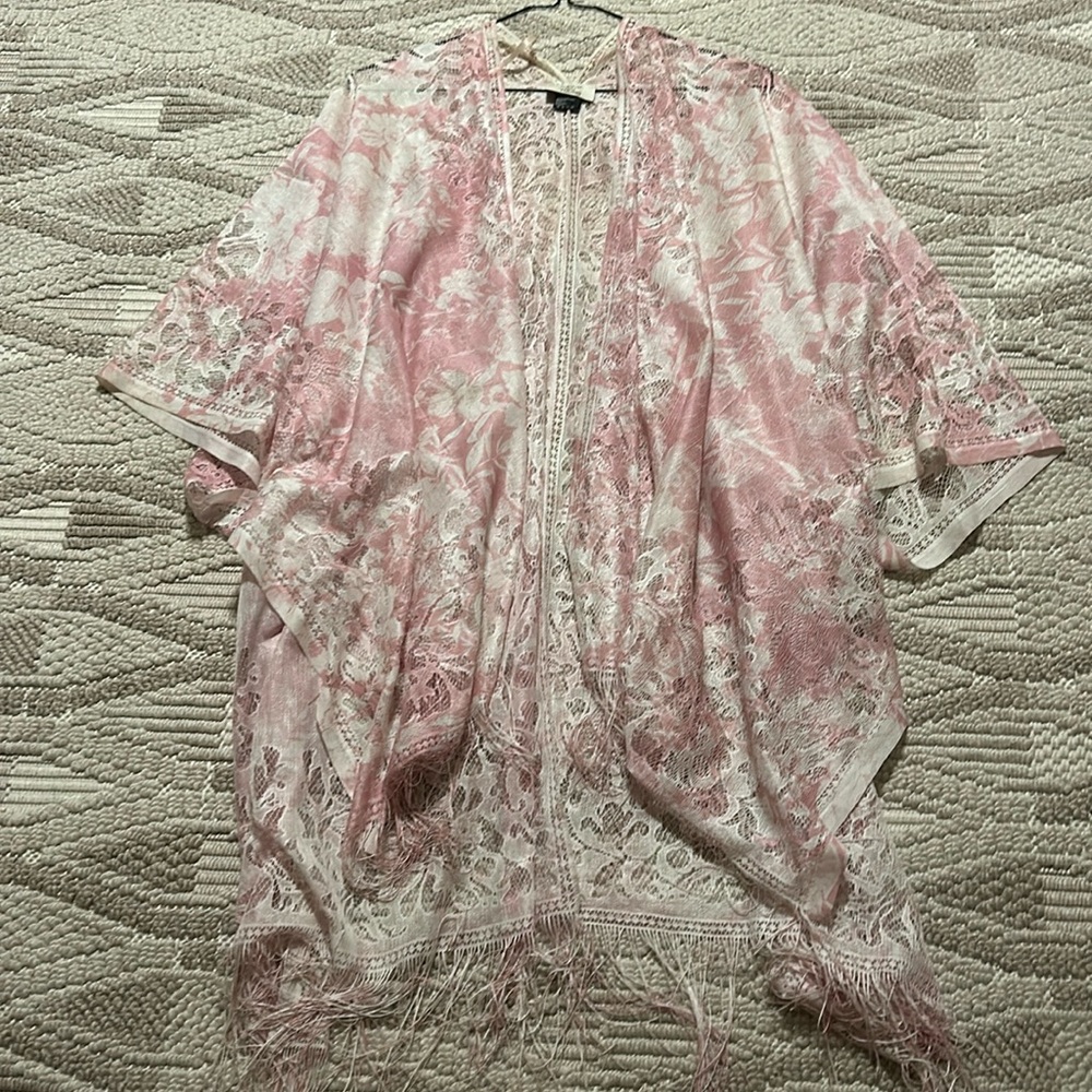 Pink Floral Swimsuit Kimono with Fringe